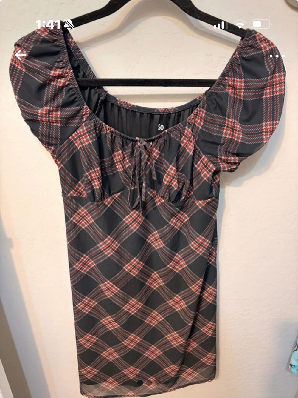 SO Black and Red Plaid Mini Dress with Puff Sleeves
